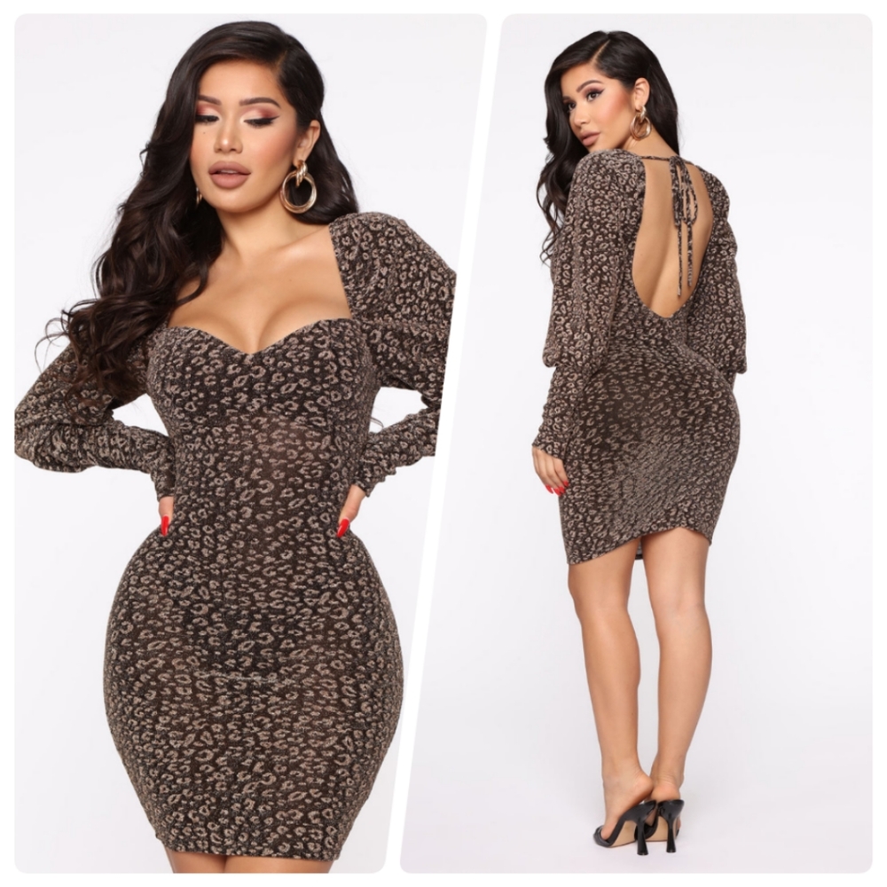 Fashion Nova Puff Sleeve Mini Dress Metalic Leppard Print NEW with Tags (Small)